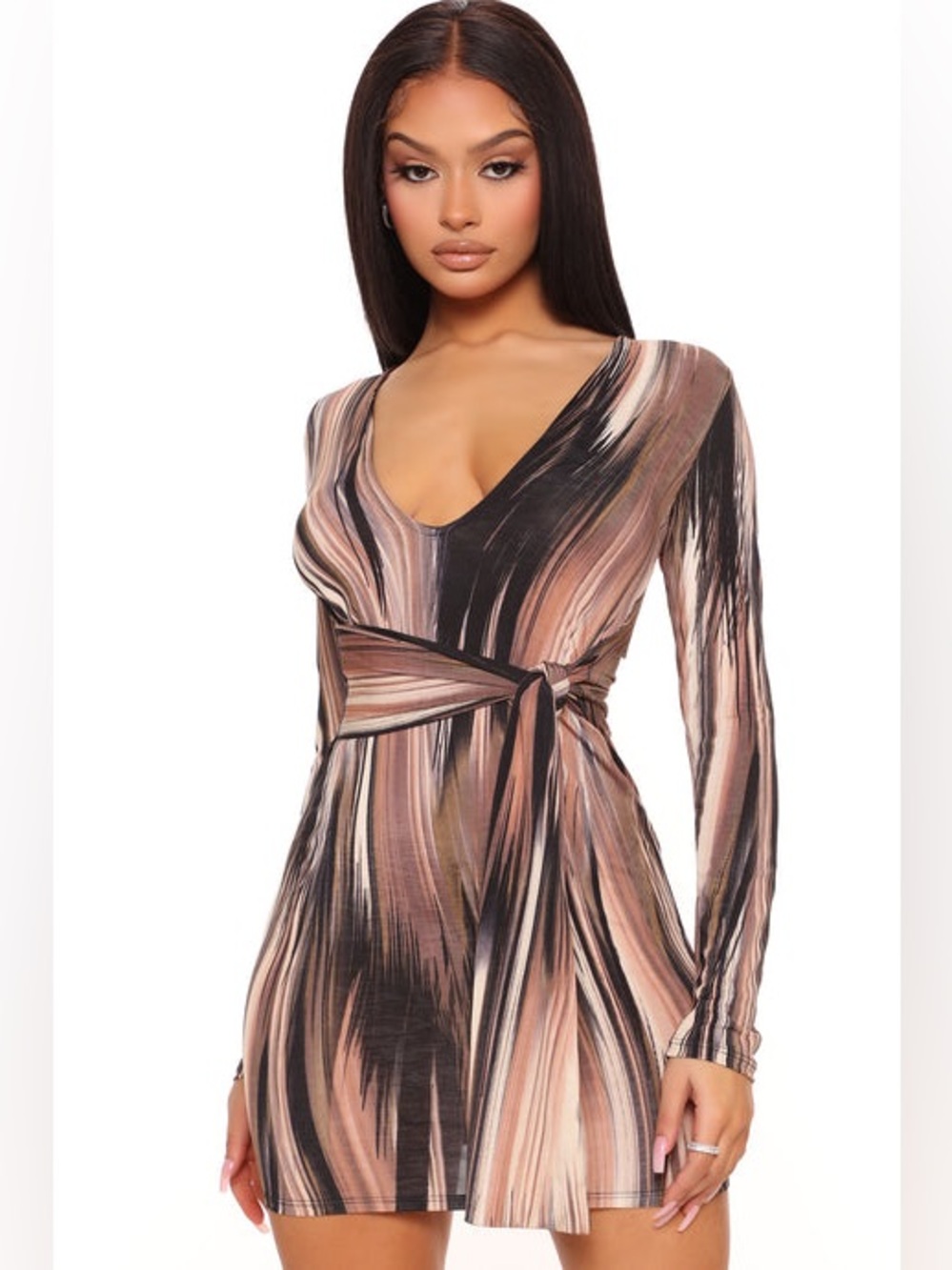 Fashion Nova Brown & Black Striped Wrap Long Sleeve Dress